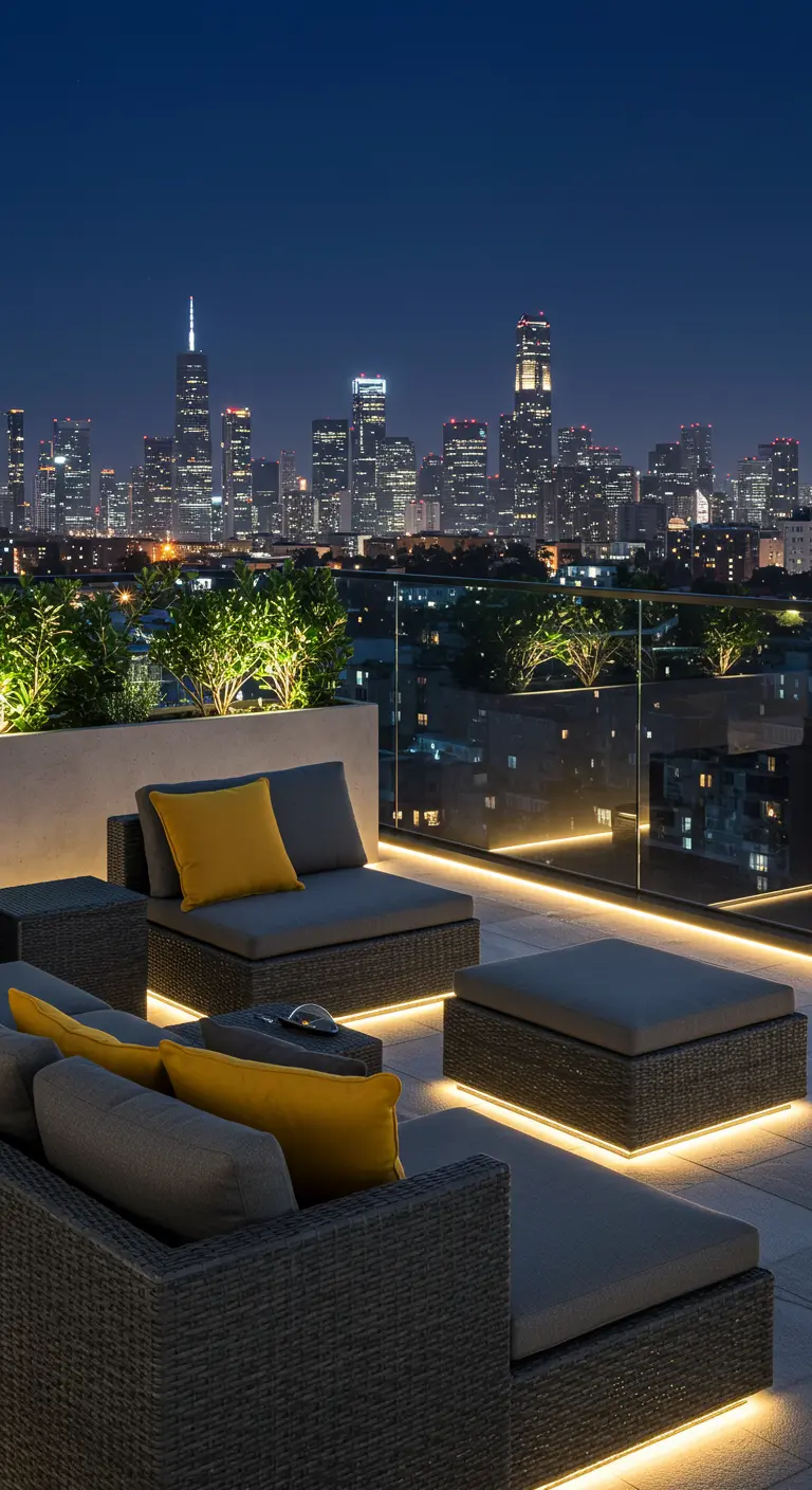 Moderne donkergrijze rieten loungeset met gele kussens en LED-verlichting op dakterras met skyline.
