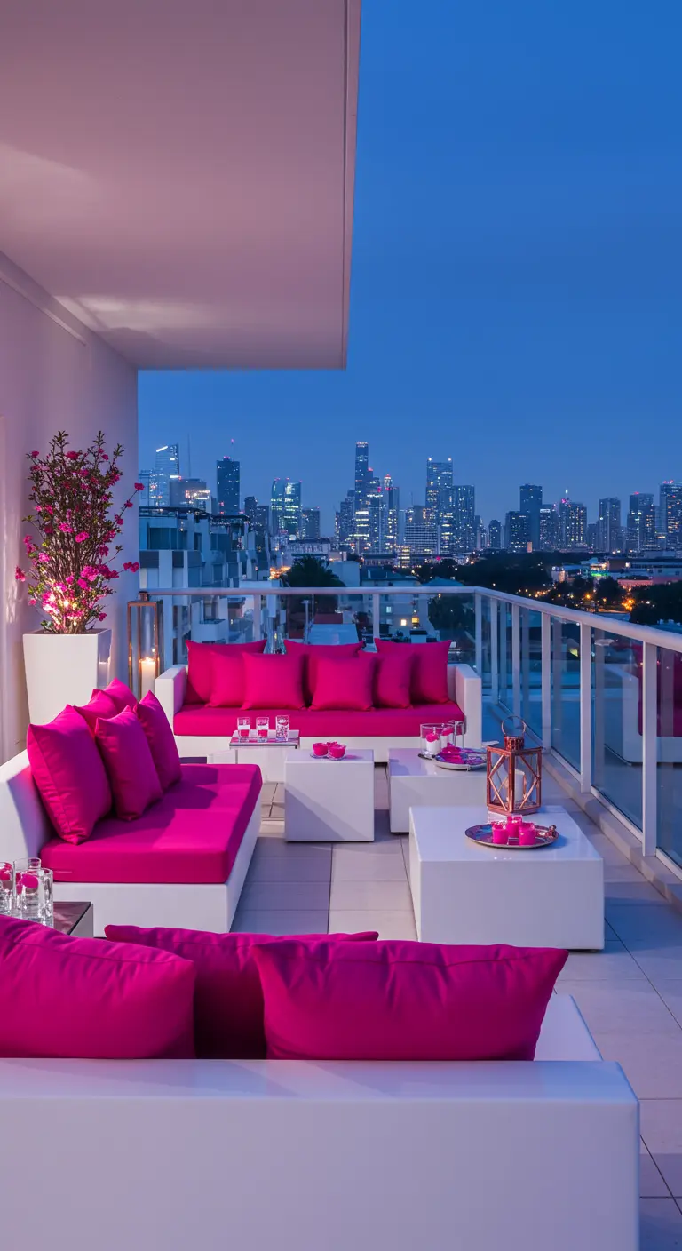 Modern dakterras met witte loungebanken en knalroze kussens, uitzicht op skyline.