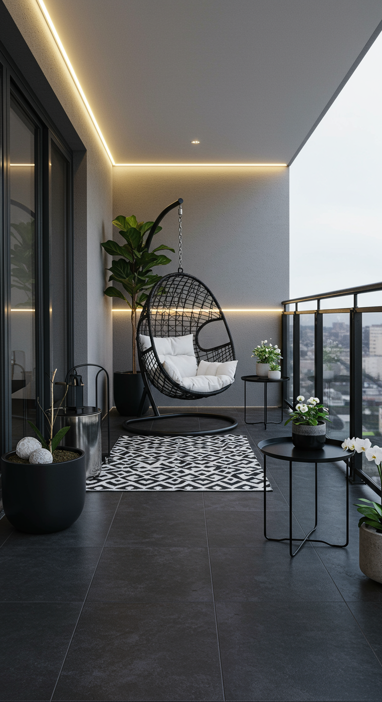 Modern balkon met zwarte hangstoel, wit kussen, zwart-wit kleed en groene planten.
