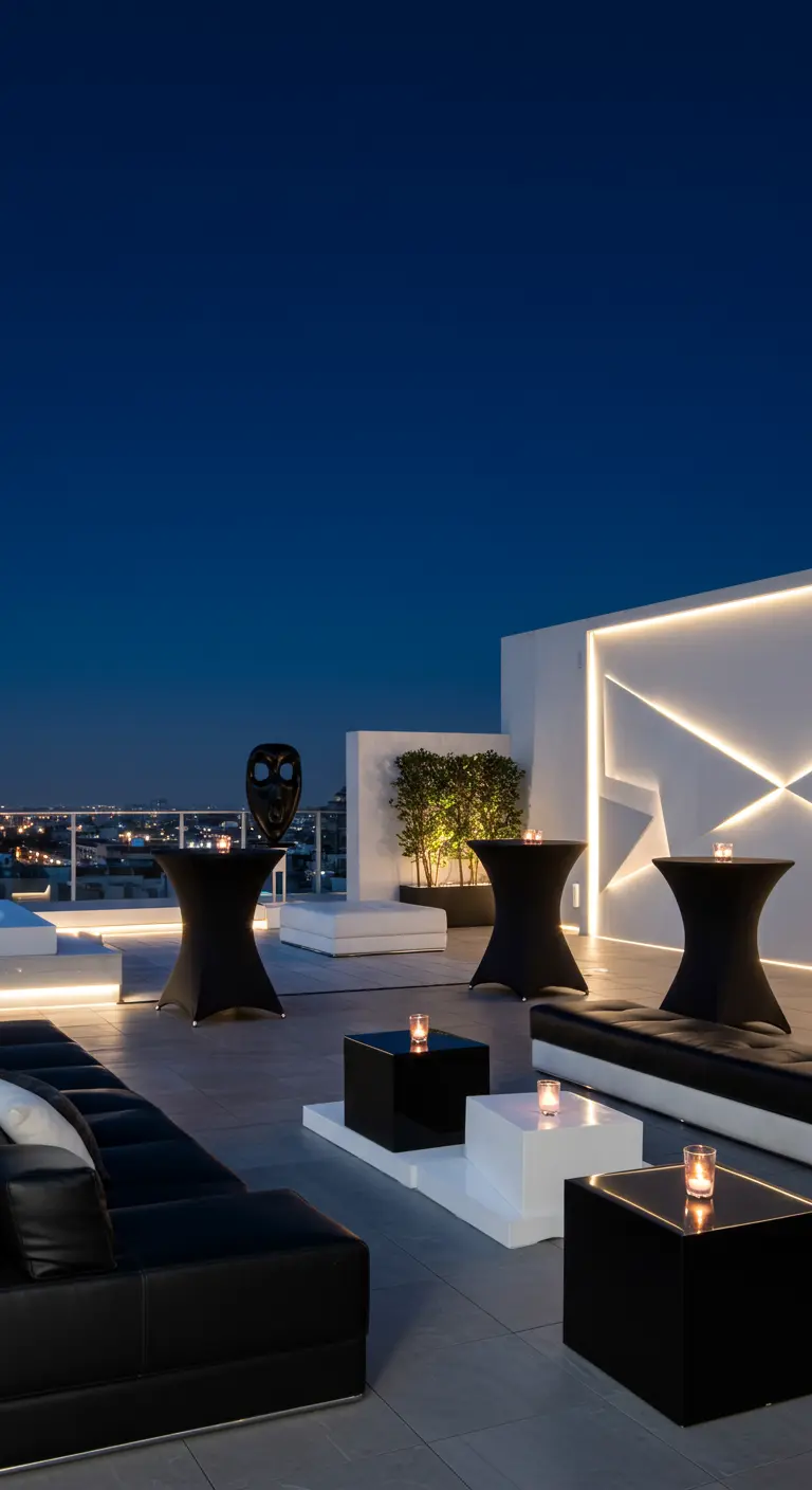 Modern dakterras met zwarte loungemeubels en witte statafels met LED-verlichting.