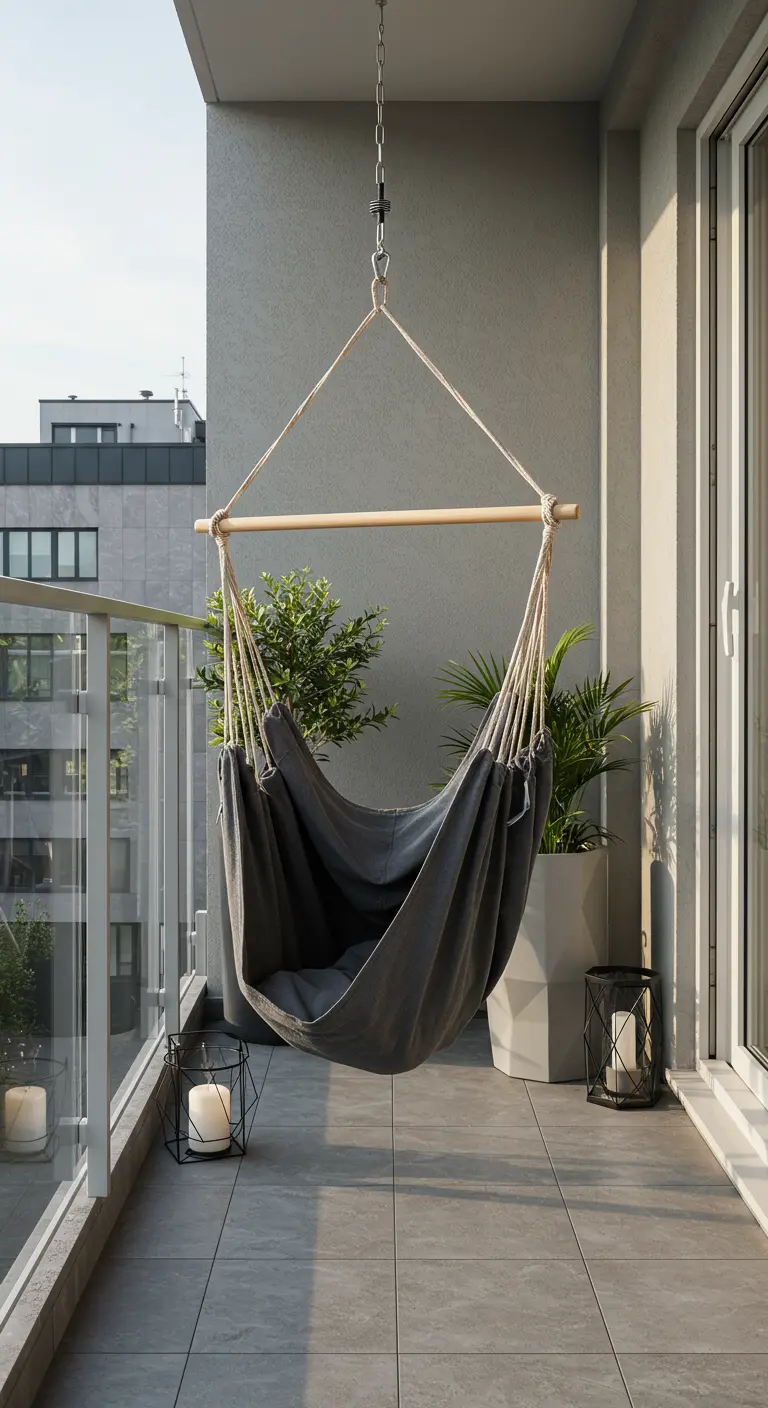 Grijze stoffen hangstoel op een modern balkon met strakke plantenbakken en lantaarns.