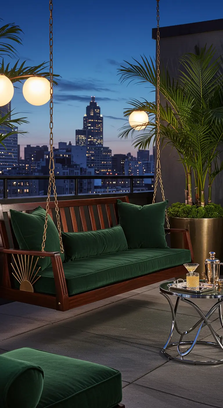 Donkerhouten schommelbank met groene fluwelen kussens op stadsbalkon.