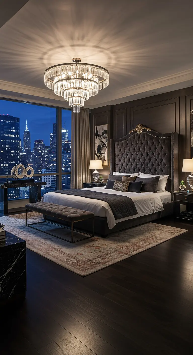 Luxe slaapkamer met bed los van muur, uitzicht op nachtelijke skyline en grote kroonluchter.