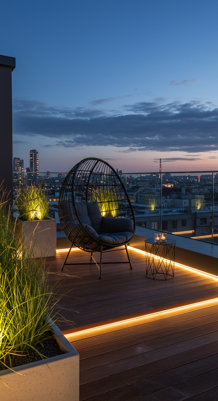 Zwarte egg chair op houten dakterras met LED-verlichting en uitzicht op stad.