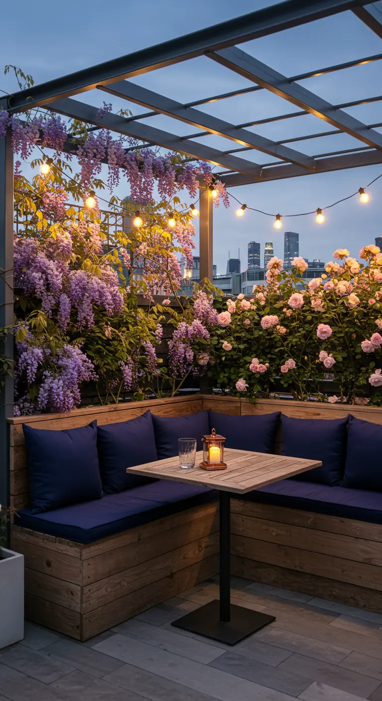 Dakterras met pergola, blauweregen en roze rozen, loungebank en sfeervolle lichtslingers.