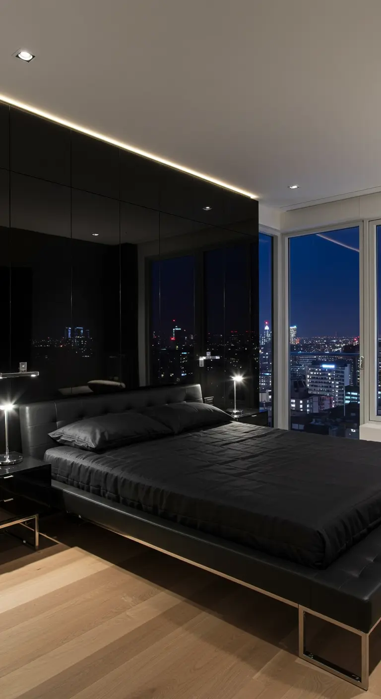 Moderne, luxe slaapkamer met glanzende zwarte muur en uitzicht op de stad.