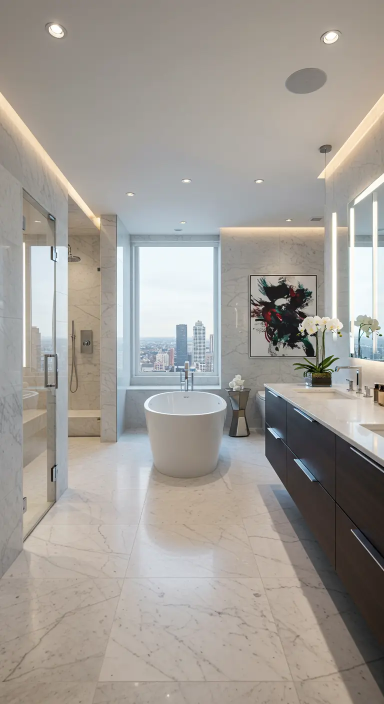 Luxe marmeren badkamer met vrijstaand bad voor een groot raam met stadszicht en kunst aan de muur.