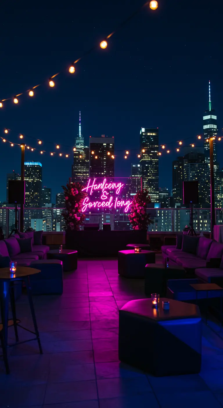 Rooftop party met neon sign, paarse verlichting en uitzicht op verlichte skyline.