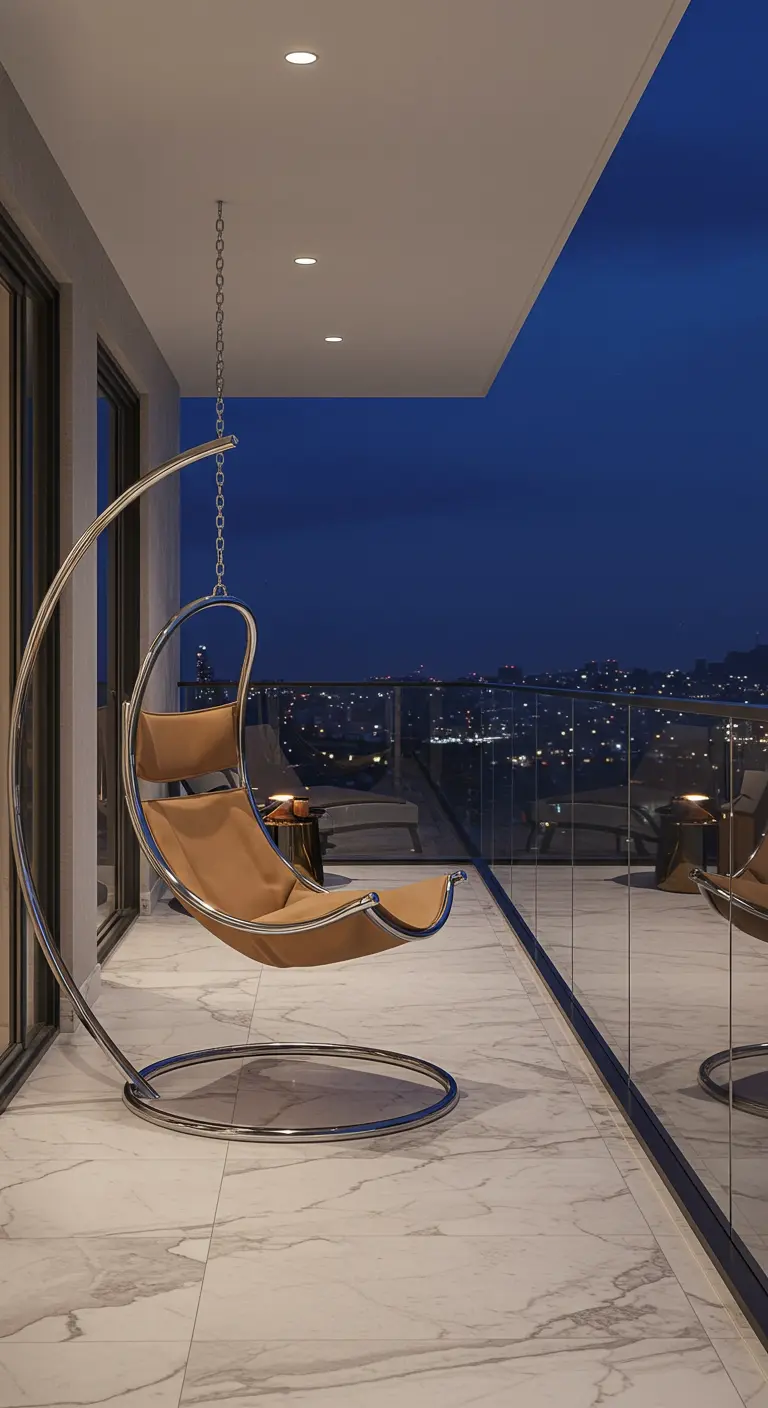 Elegante hangstoel met chromen standaard op een balkon met marmerlook tegels en stadslichten.