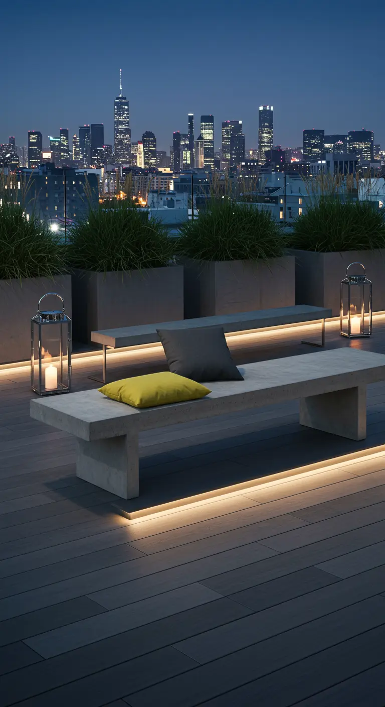 Moderne betonnen bank op dakterras 's avonds, met LED-verlichting en skyline.