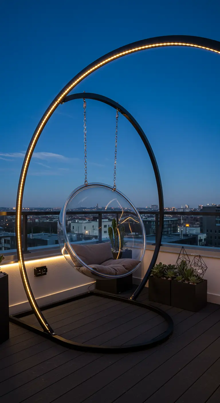 Transparante bubble chair aan een zwarte ronde boog met LED-verlichting op een dakterras.