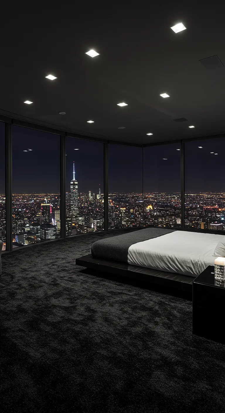 Moderne donkere slaapkamer met een zwart tapijt en groot raam met uitzicht op de stad 's nachts.