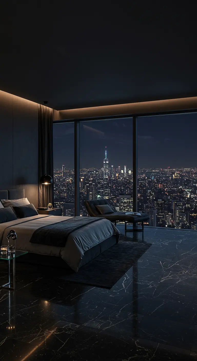 Donkere luxe slaapkamer met uitzicht op een verlichte skyline 's nachts.