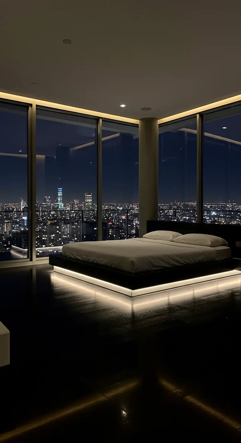 Luxe appartement slaapkamer met uitzicht op de stad en een bed met subtiele, warme LED-verlichting.