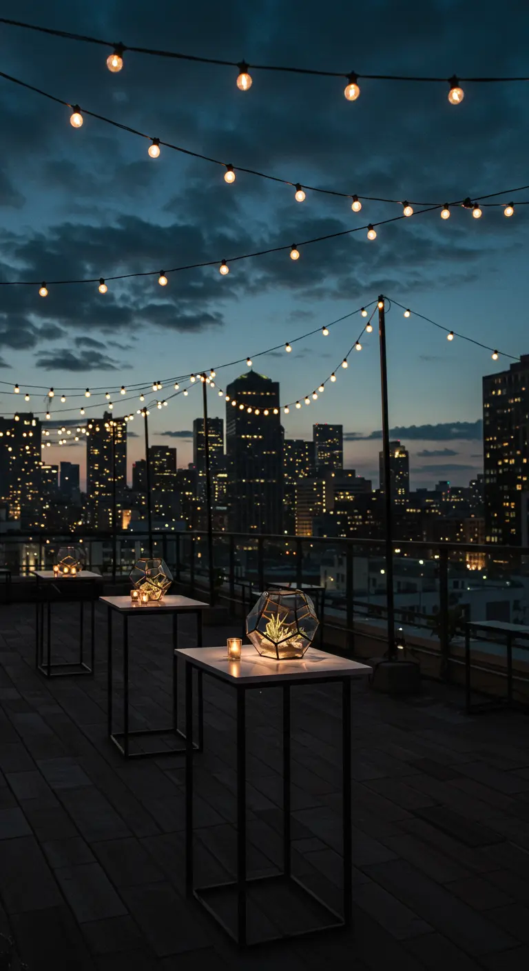 Dakterras met stadslichten, statafels met geometrische terrariums en lichtslingers.
