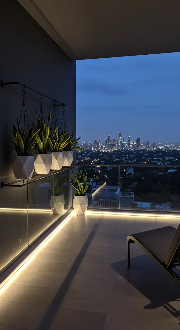 Modern balkon met witte hangpotten, LED-verlichting en uitzicht op de stad 's nachts.