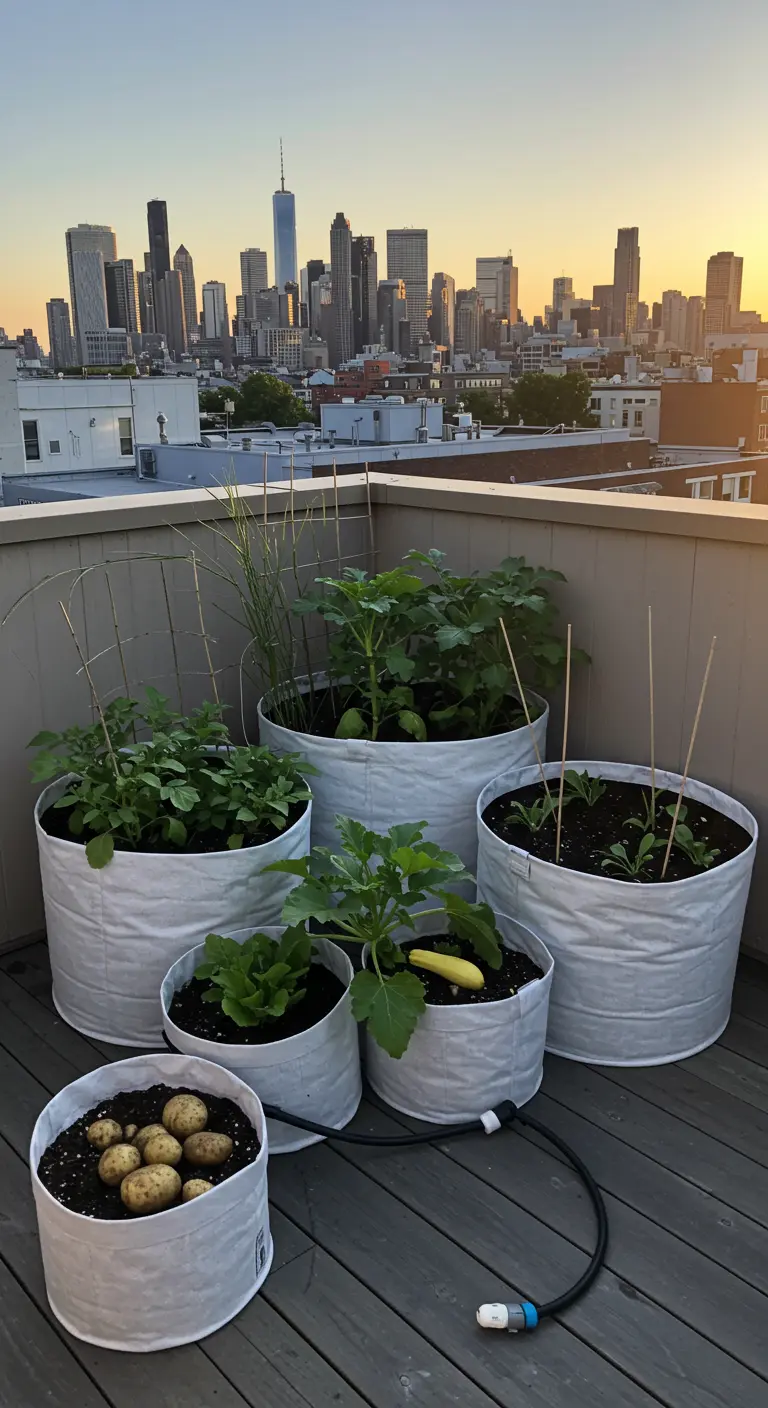 Dakterras met uitzicht op skyline, voorzien van grote witte plantzakken met diverse groenten.