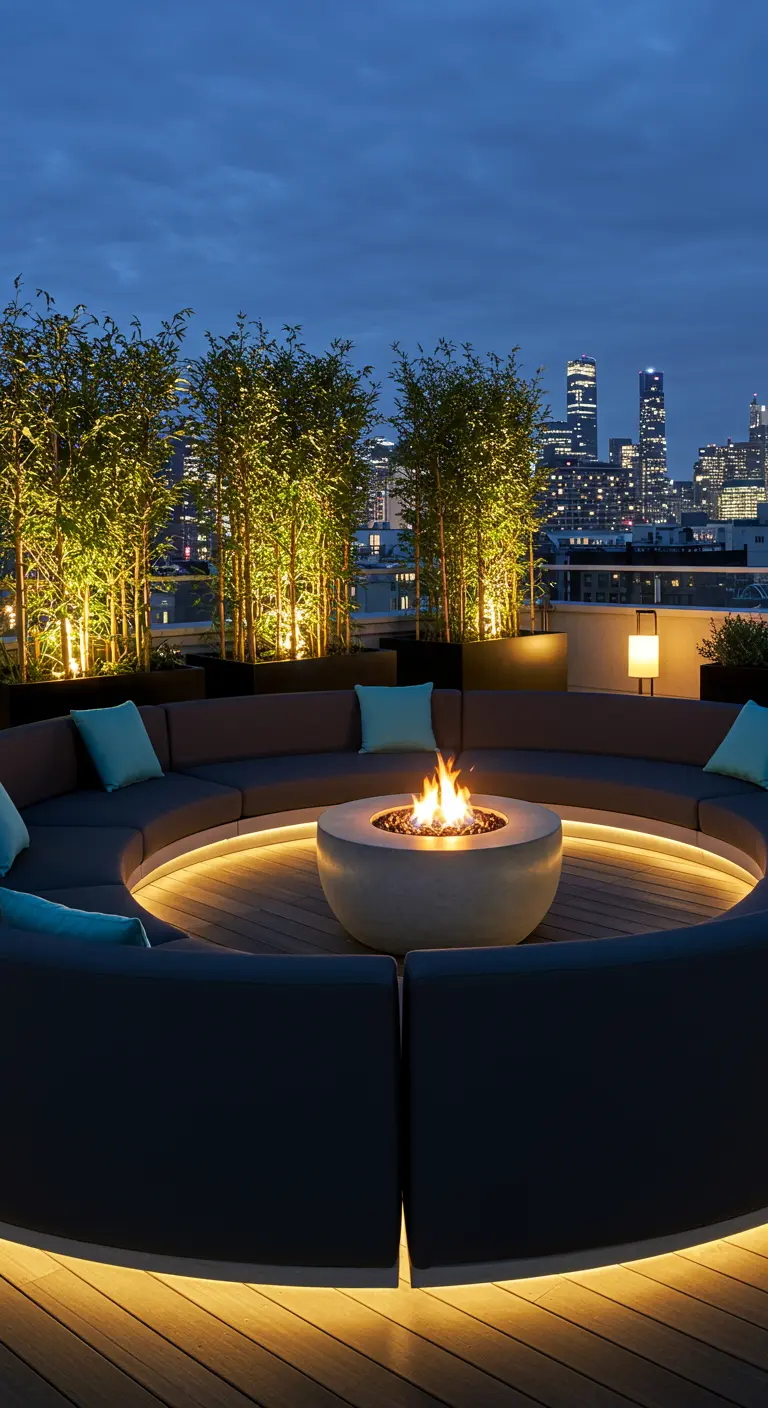 Dakterras met grote donkergrijze ronde loungebank, vuurtafel en uitzicht op de verlichte stad.