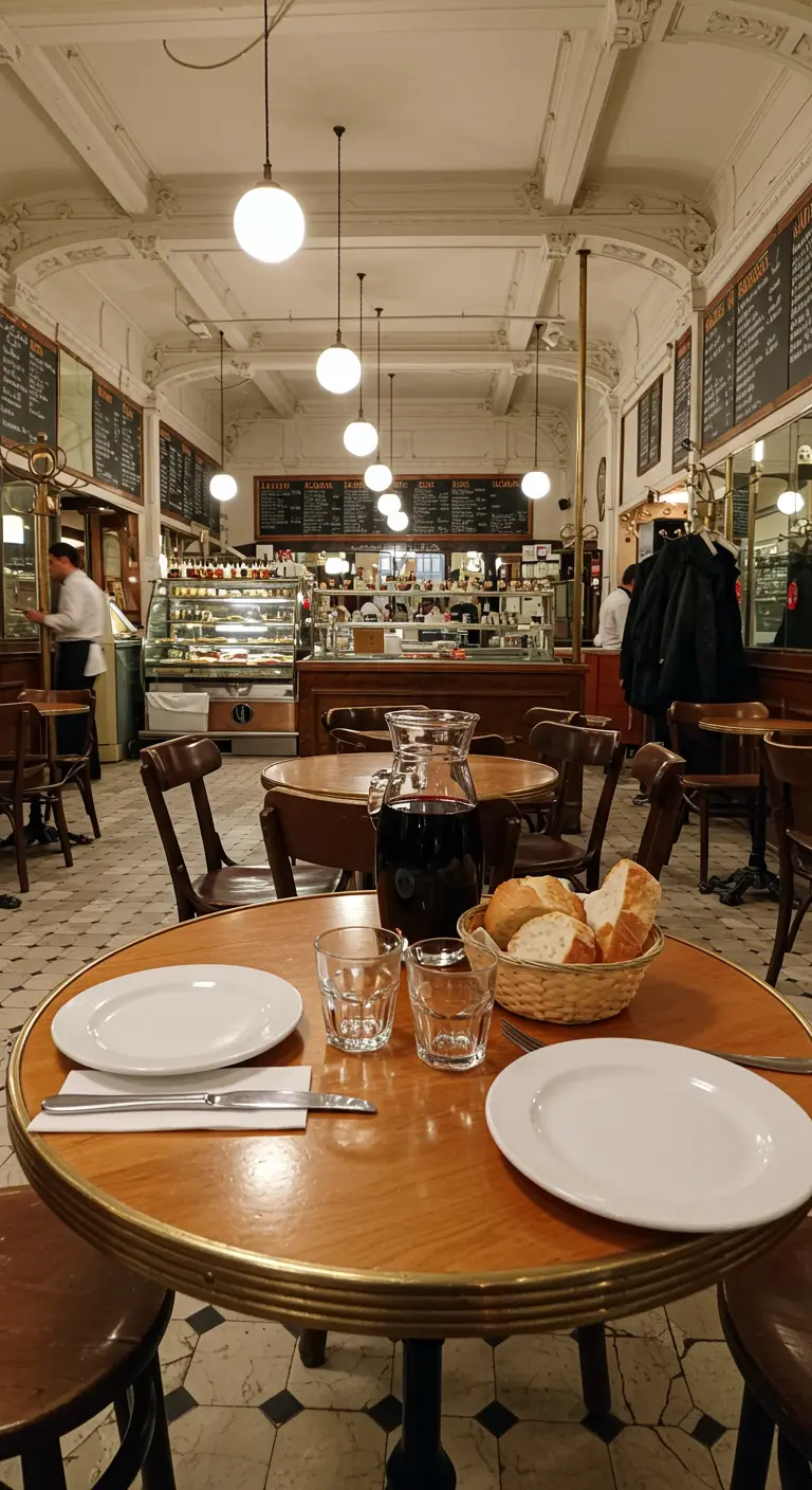Klassiek Frans café interieur met ronde houten tafel, wijn en brood.