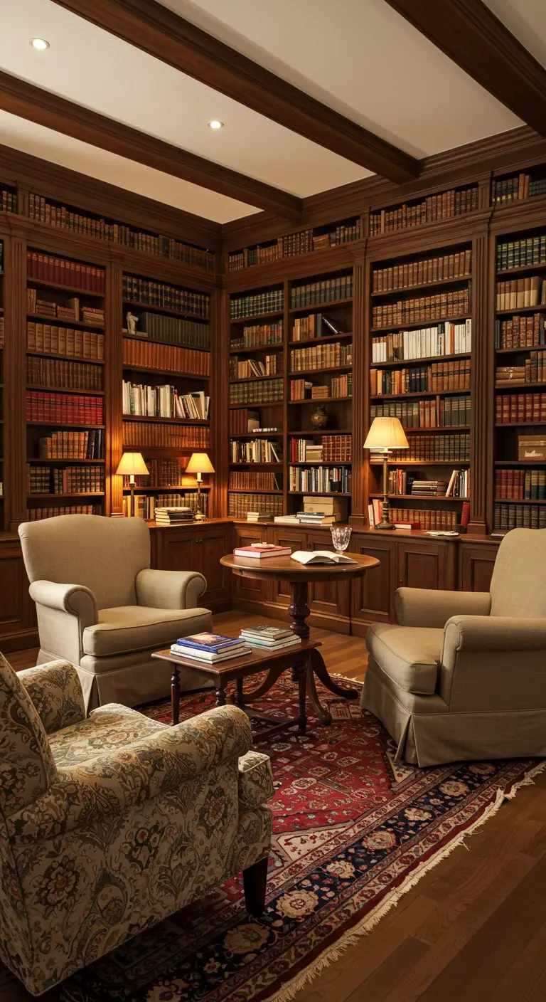Klassieke zithoek met meerdere fauteuils rond een tafel in een bibliotheek.
