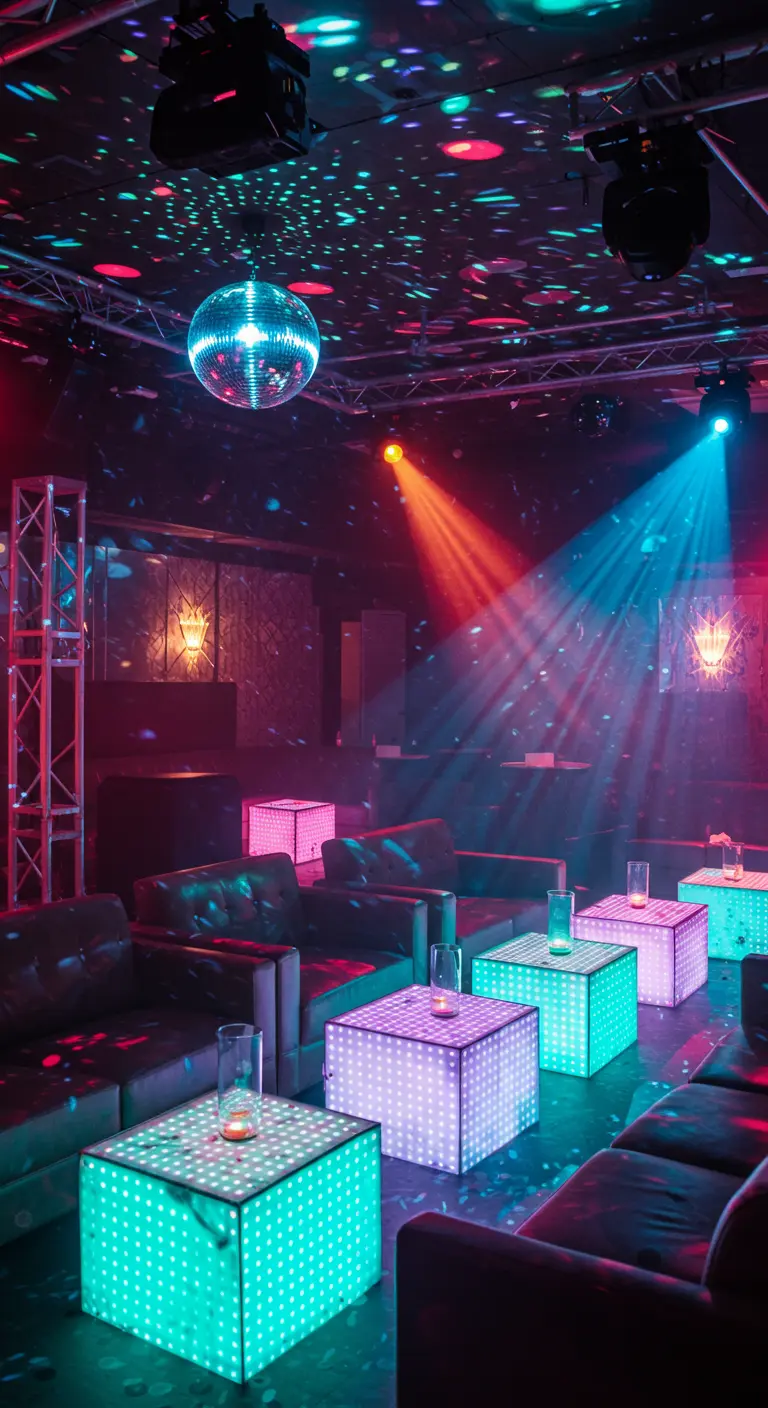 Moderne lounge met donkere banken, LED-verlichte tafels, discobal en gekleurde spotlights.