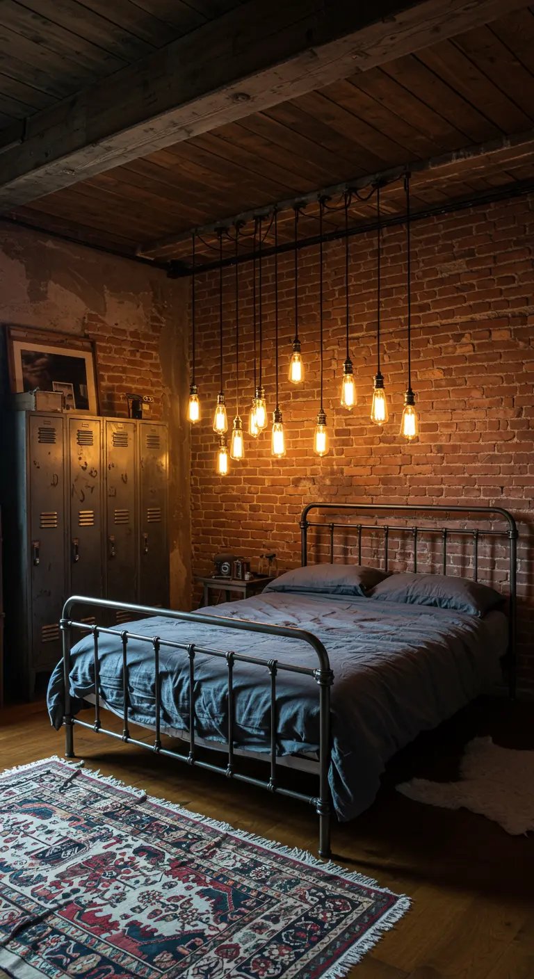 Industriële slaapkamer met bakstenen muur en cluster van hangende peertjes.