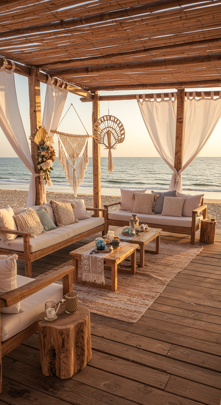 Boho-lounge aan het strand met houten meubels, lichte stoffen en zeezicht.