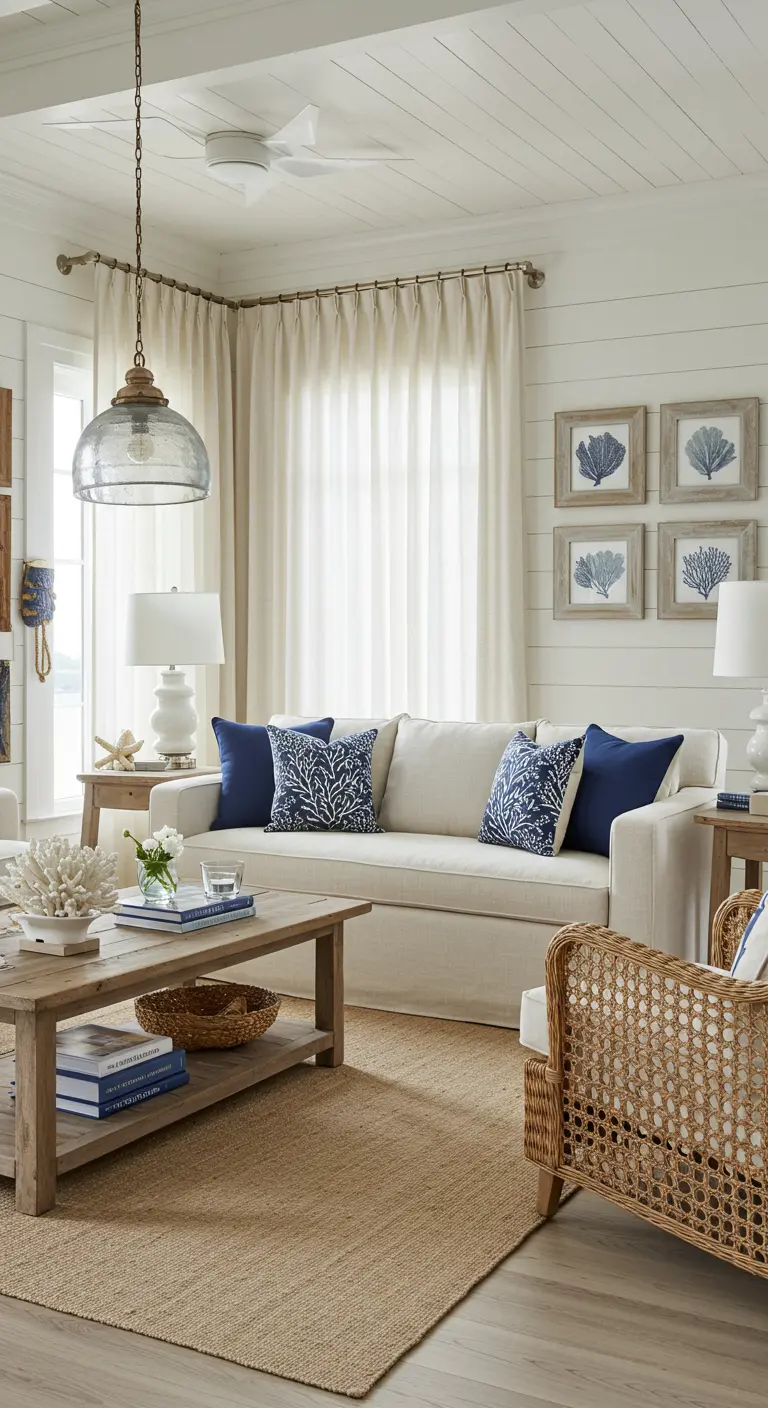 Lichte coastal woonkamer met witte en blauwe tinten, natuurlijke materialen.