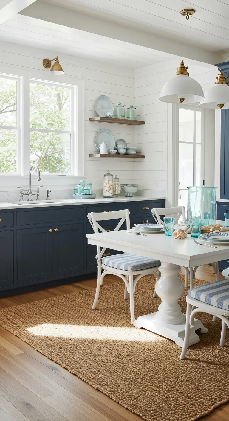 Coastal keuken met marineblauwe kasten en lichtblauw servies.