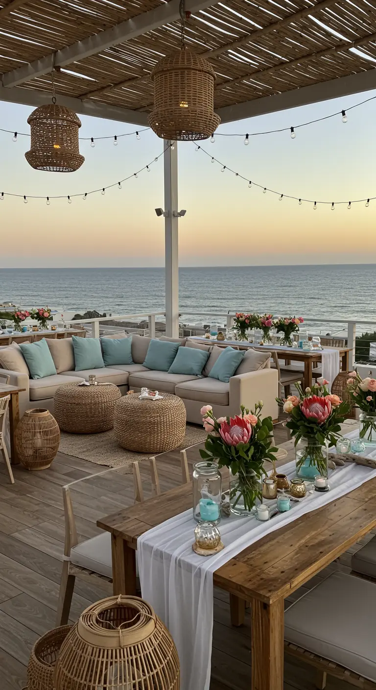 Loungeterras aan zee met rotan meubels, pastelkussens en perzik bloemstukken.