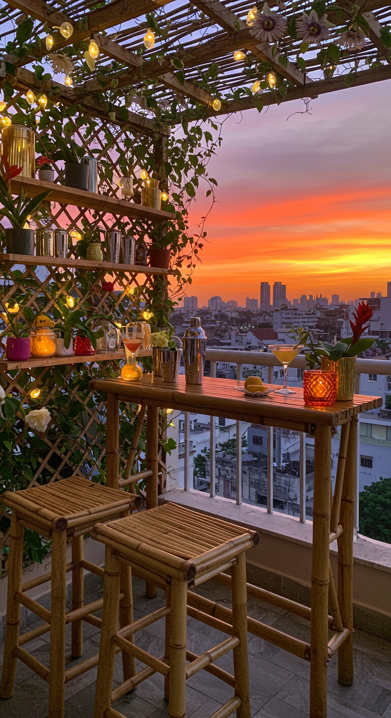 Balkonbar van bamboe met krukken, cocktails en uitzicht op een kleurrijke zonsondergang.