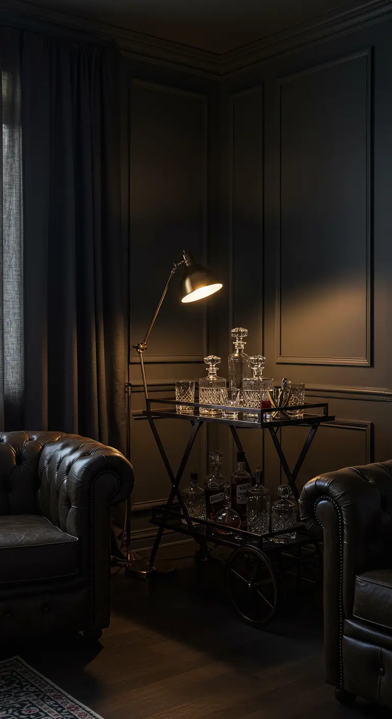 Donkere, chique barhoek met dranktrolley, kristallen karaffen en leren chesterfield fauteuils.