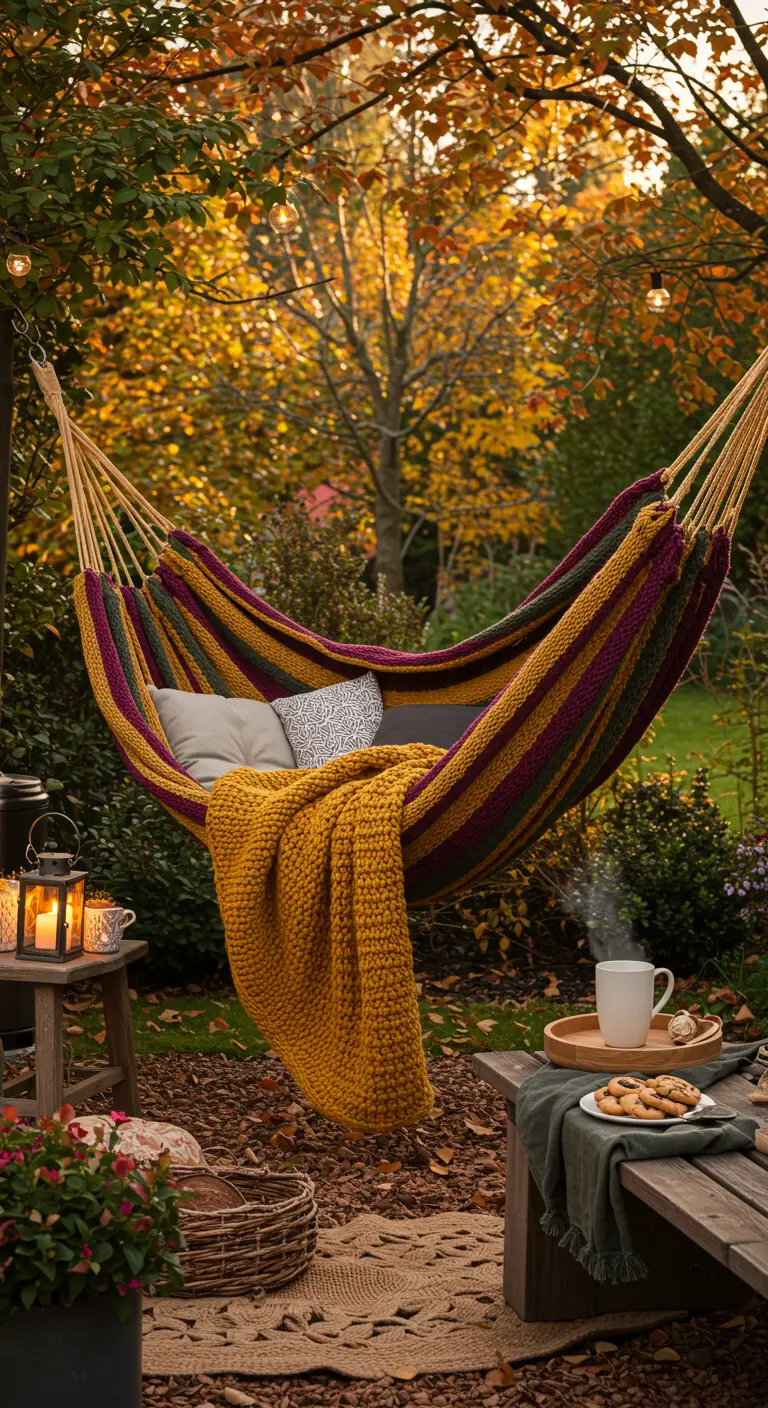 Kleurrijke hangmat met geel gebreid plaid, kussens en dienblad met thee in een herfsttuin.
