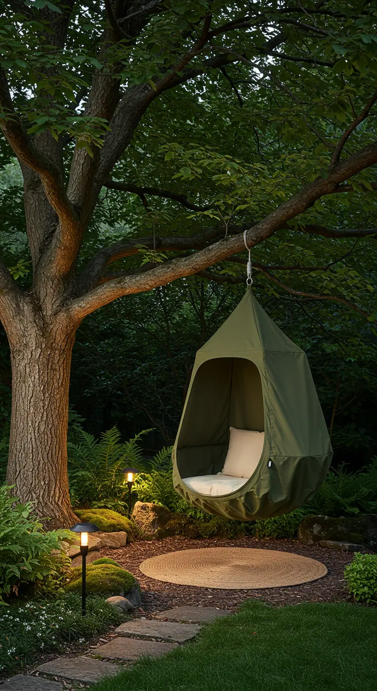 Groene tent-achtige hangstoel in een tuin met varens en subtiele verlichting.