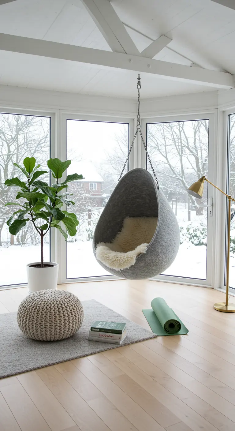 Grijze vilten hangstoel in lichte kamer met uitzicht op besneeuwde tuin.