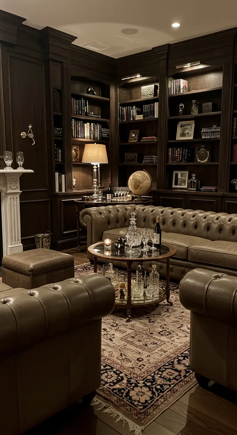 Klassieke lounge met bruine leren Chesterfield banken en donkerhouten boekenkasten.
