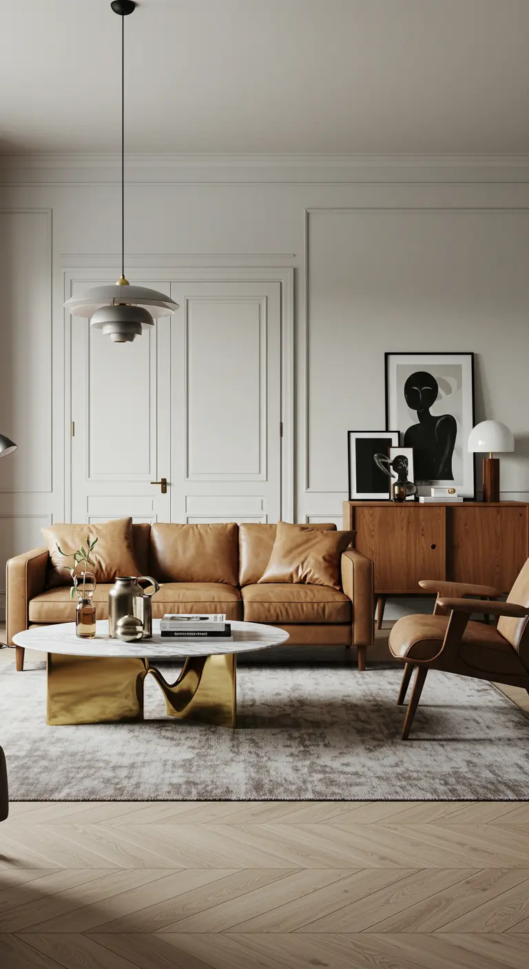 Elegante Scandinavische woonkamer met cognackleurige leren bank, messing details en houten meubels.