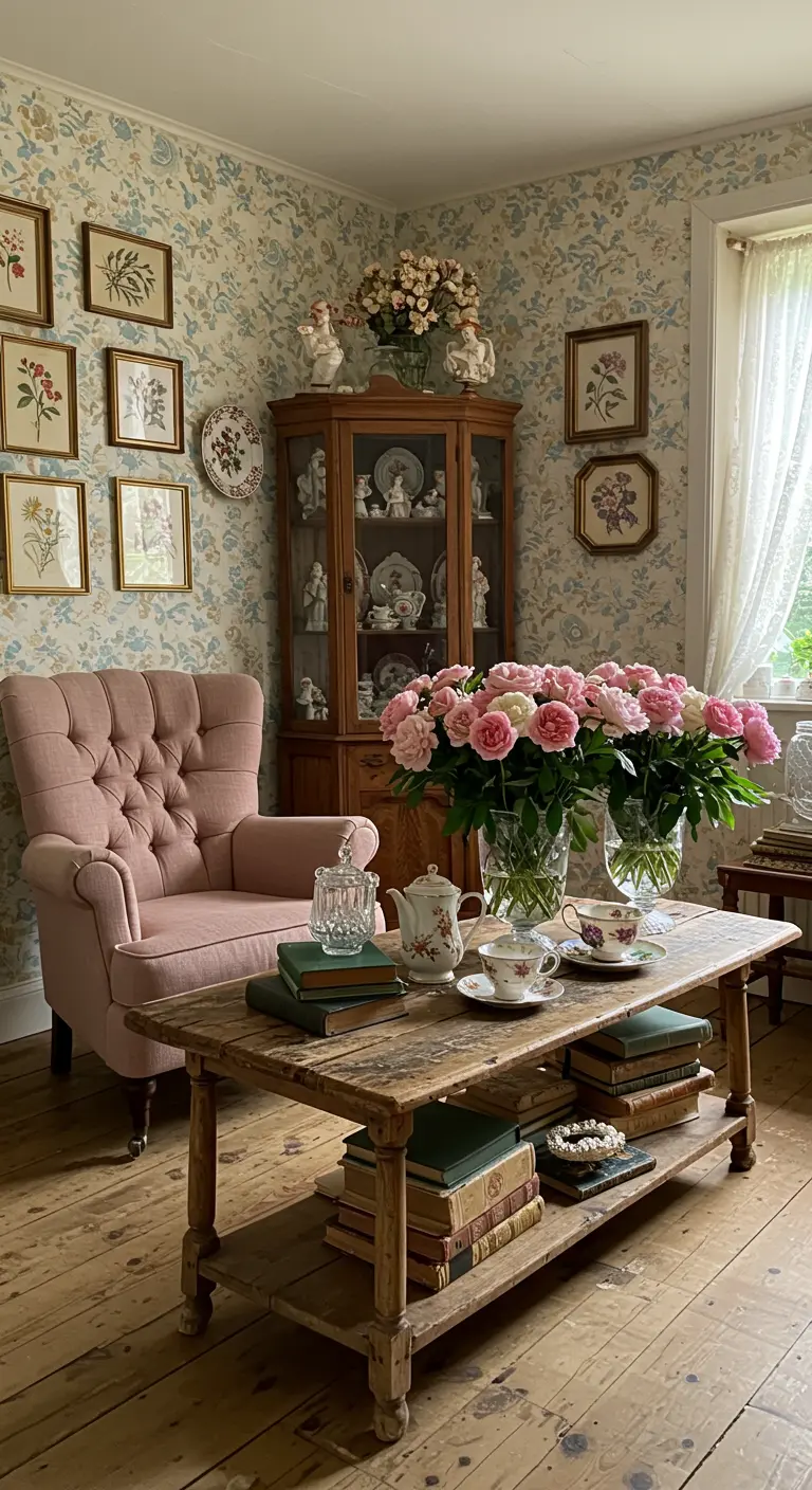 Romantische woonkamer met bloemenbehang, roze stoel en rozen op tafel.