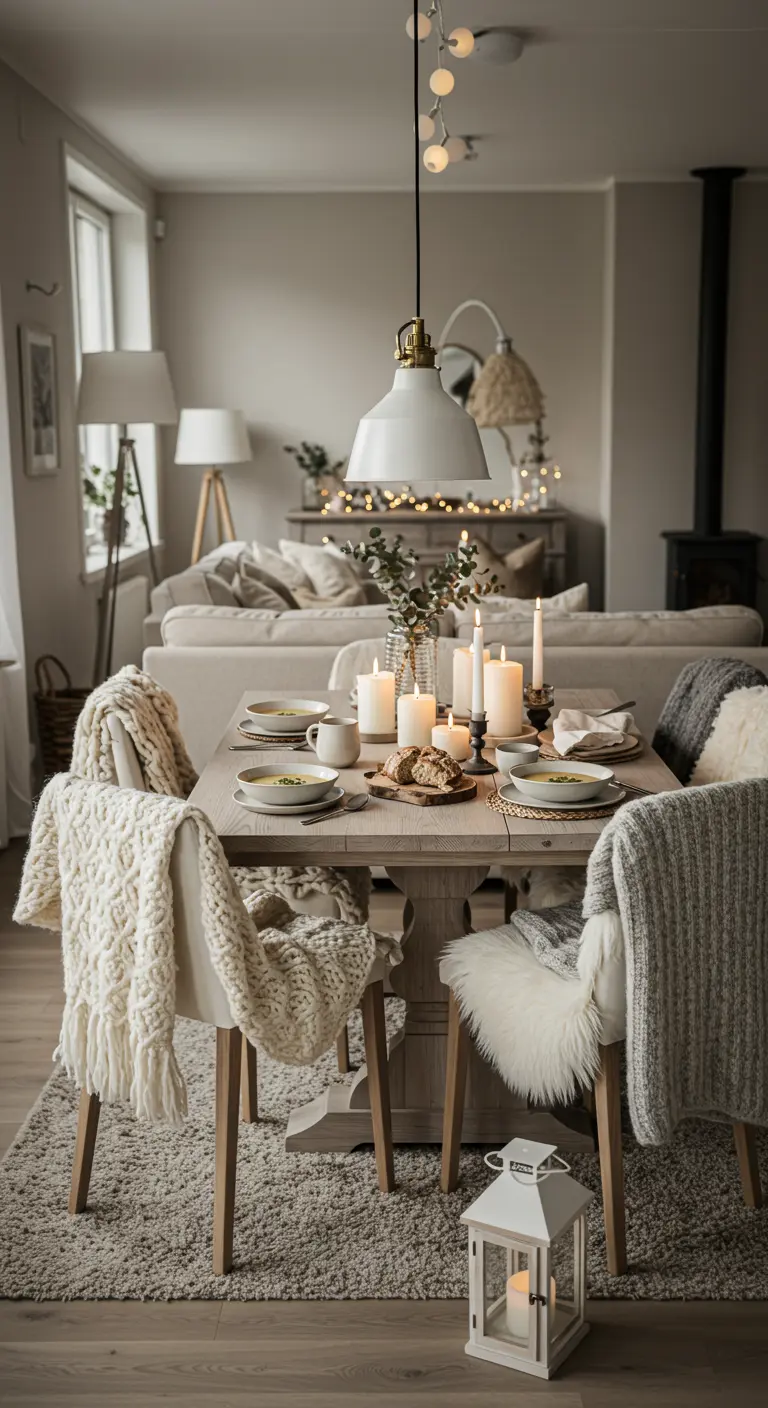 Knusse eetkamer in neutrale tinten met plaids, schapenvachten, lantaarns en lichtjes.