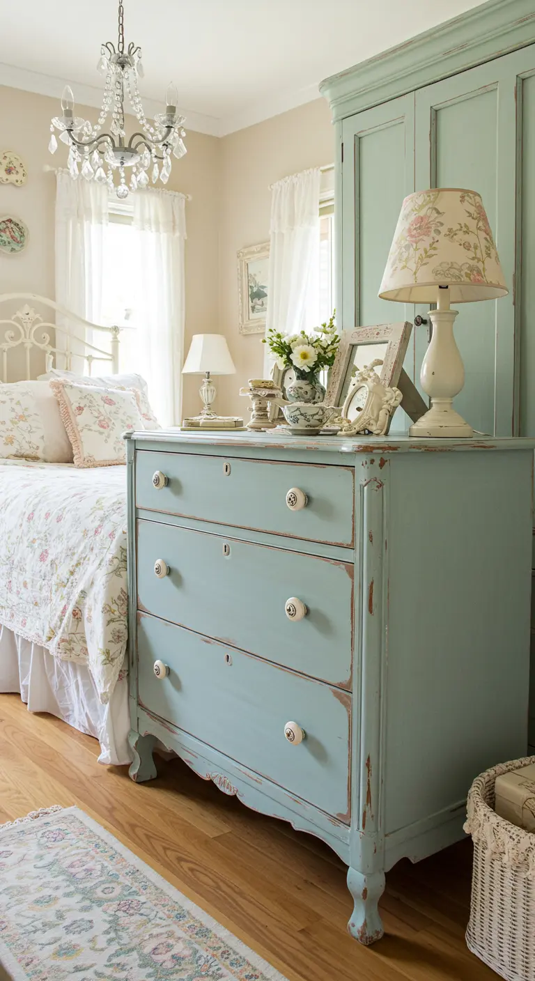 Vintage lichtblauwe commode in een romantische slaapkamer met gebloemd beddengoed.
