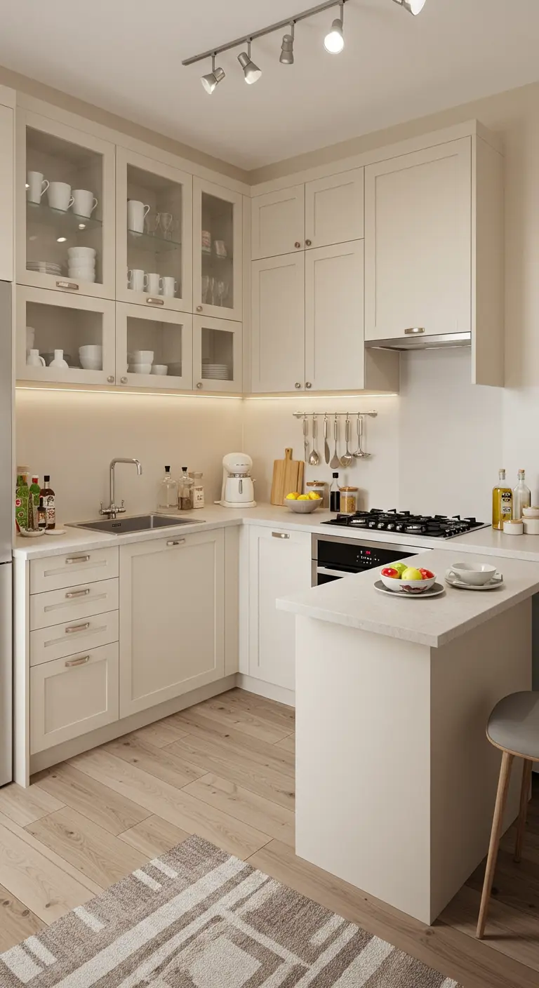 Compacte crèmekleurige keuken met glazen bovenkasten en slimme indeling.