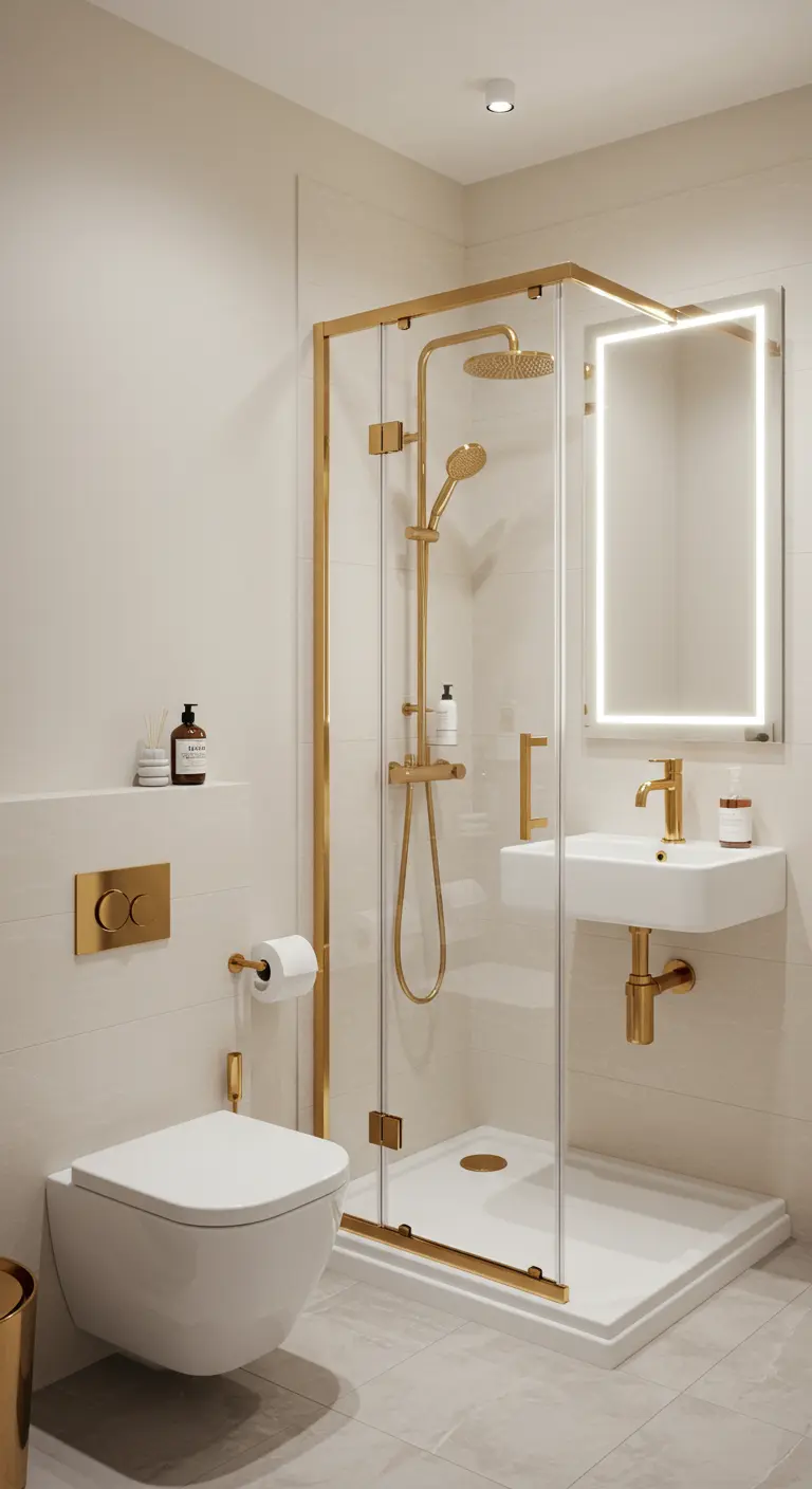 Compacte witte badkamer met gouden doucheframe en accessoires