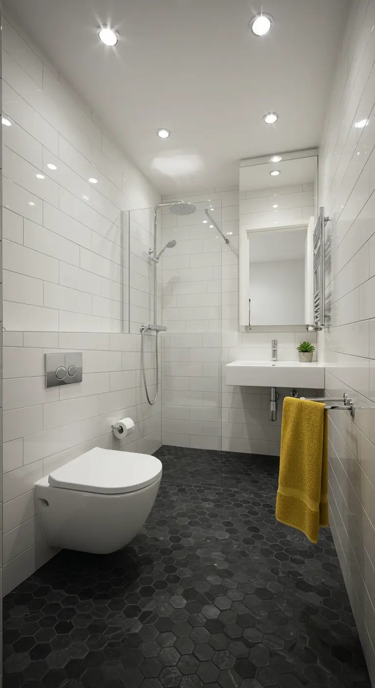 Kleine moderne badkamer met zwarte hexagon vloertegels en witte wandtegels.