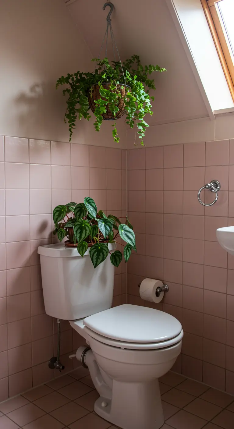 Peperomia Watermelon op het toiletreservoir en een hangplant erboven in een badkamer met roze tegels.