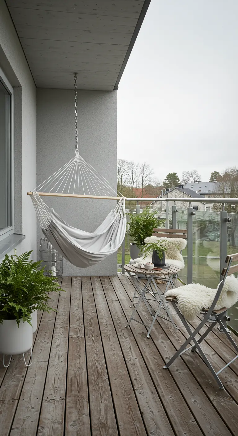 Grijze hangmat aan plafond op modern balkon met houten vlonder en varens.