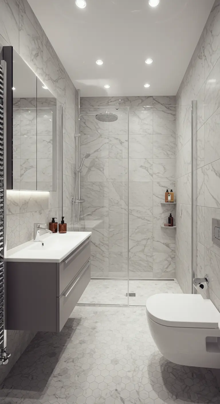 Compacte lichte badkamer met marmeren douche, hexagon vloer en grijze wastafel.