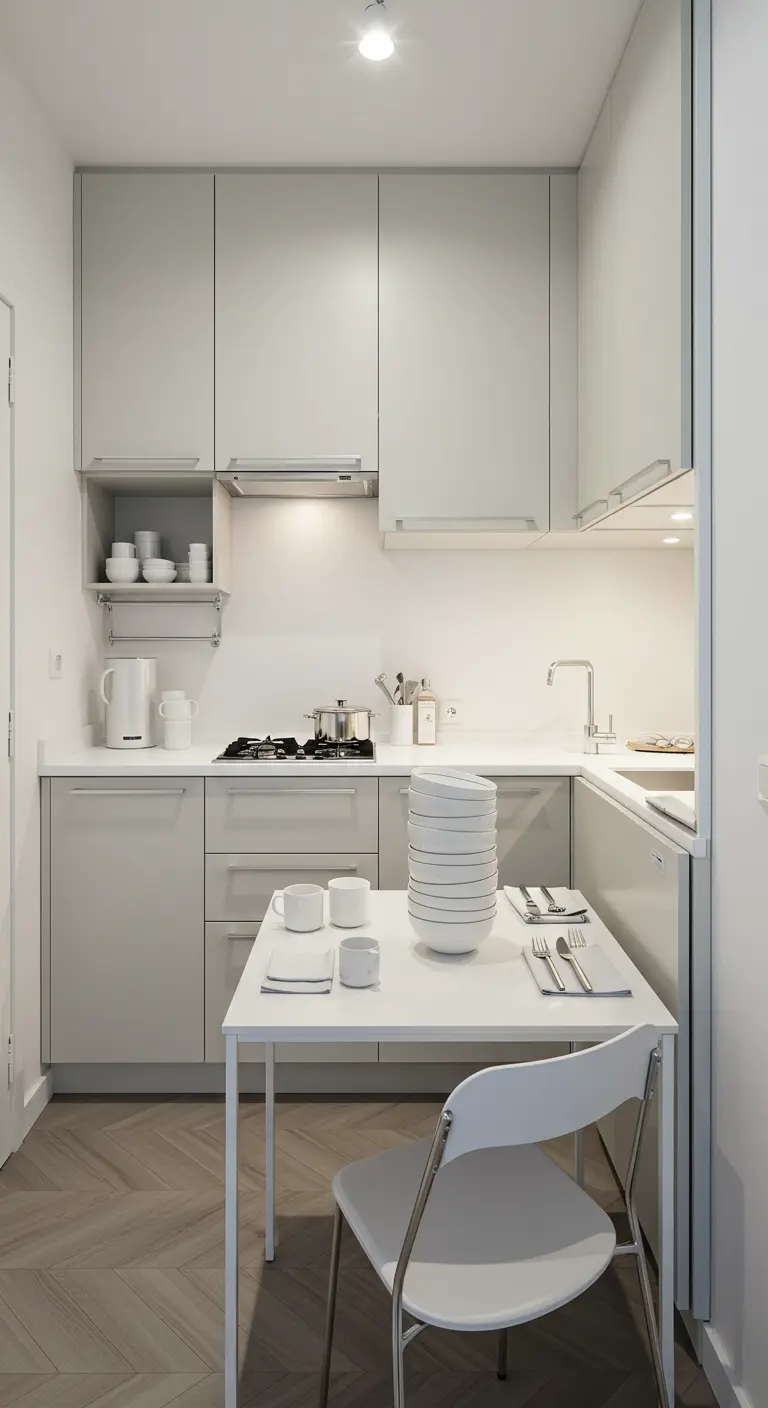 Compacte witte keuken met stapelbaar wit servies op een kleine eettafel.