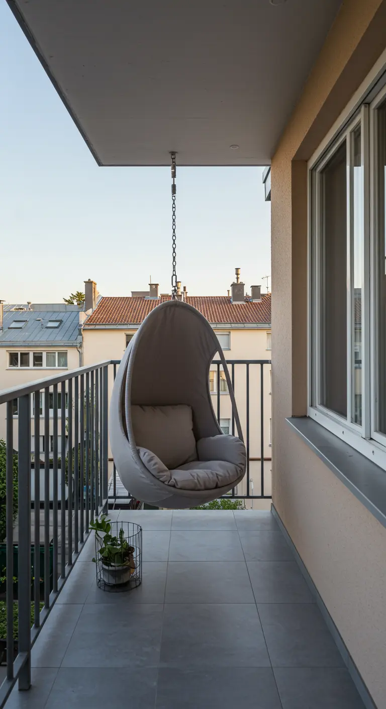Grijze compacte hangstoel aan plafond van smal stadsbalkon.