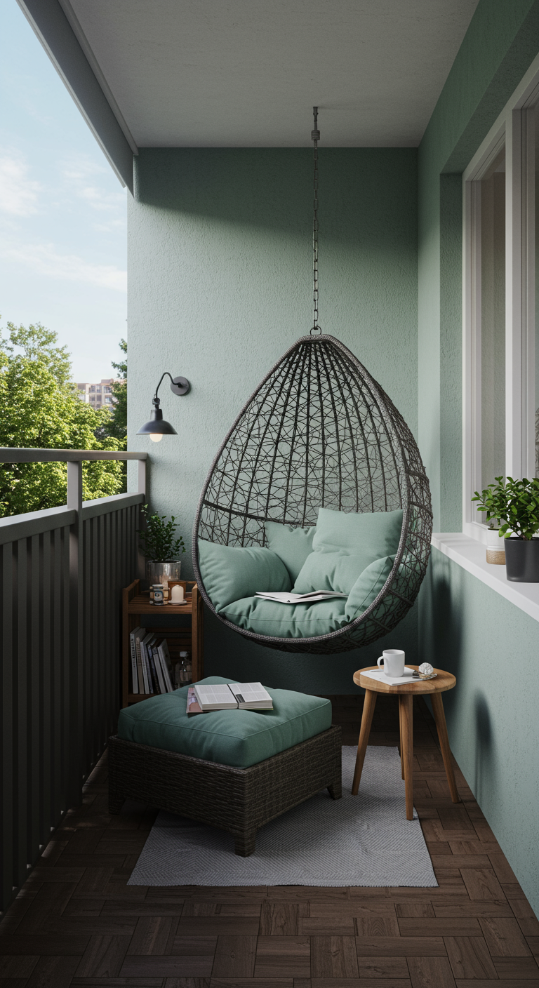 Compact balkon met donkere hangstoel, voetenbank, klein tafeltje en wandlamp.