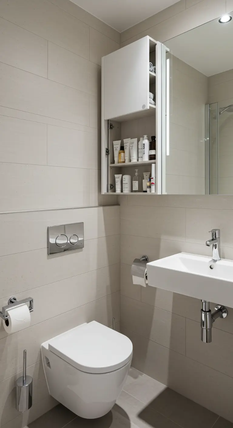 Compacte witte spiegelkast boven een toilet in een moderne badkamer.